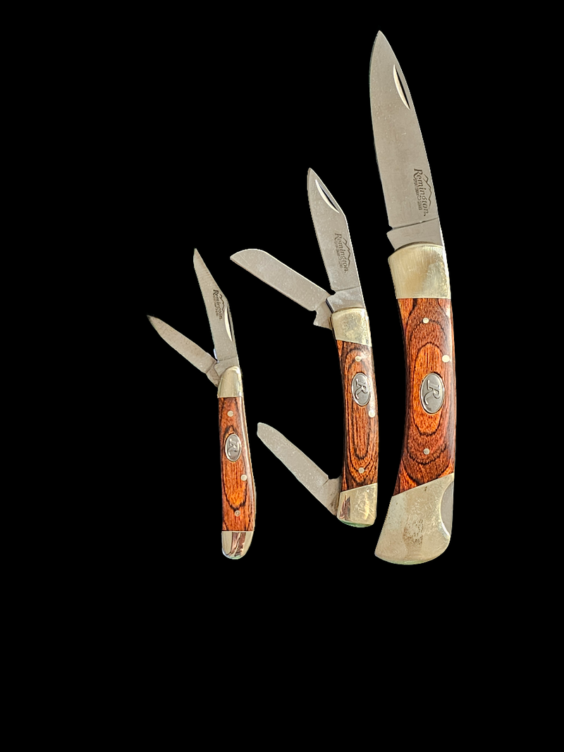 REMINGTON 3 PIECE FOLDING WOOD HANDLE POCKET KNIFE SET IN WOODEN CASE - Carolina Bargain Bin