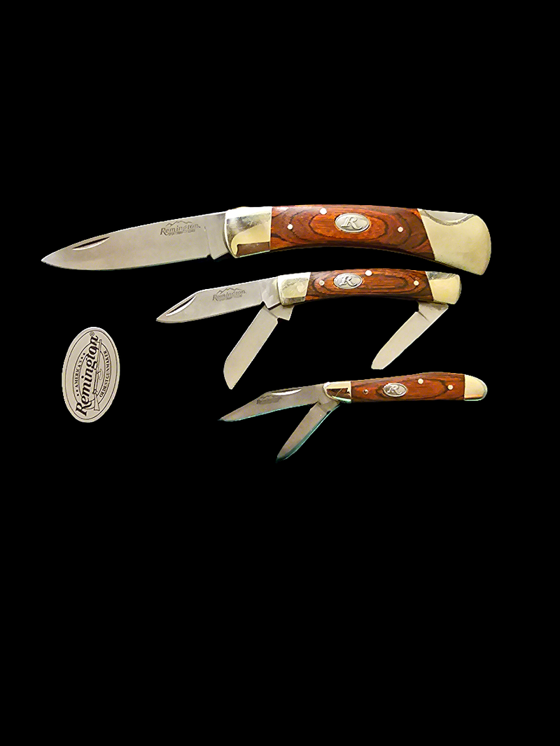 REMINGTON 3 PIECE FOLDING WOOD HANDLE POCKET KNIFE SET IN WOODEN CASE - Carolina Bargain Bin