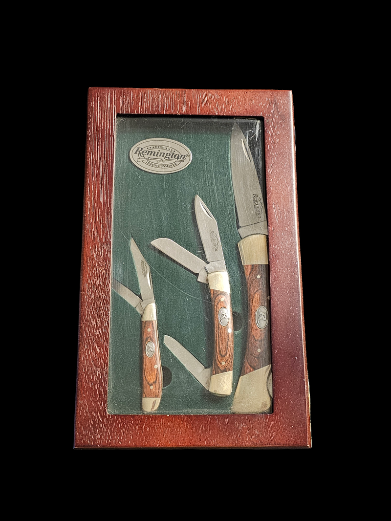 REMINGTON 3 PIECE FOLDING WOOD HANDLE POCKET KNIFE SET IN WOODEN CASE - Carolina Bargain Bin