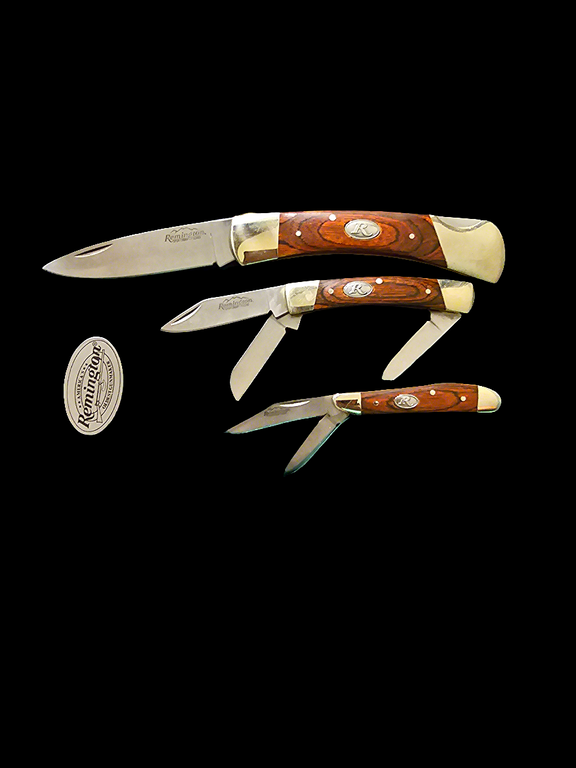 REMINGTON  3 PIECE  FOLDING  WOOD  HANDLE  POCKET KNIFE SET  IN WOODEN CASE - Carolina Bargain Bin